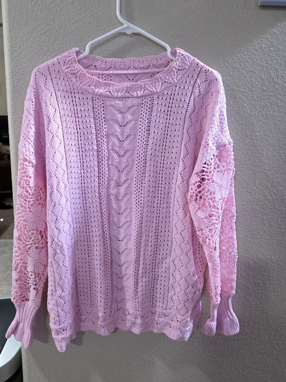 Light Pink Lace Sleeve Knit Sweater - Women's Size L